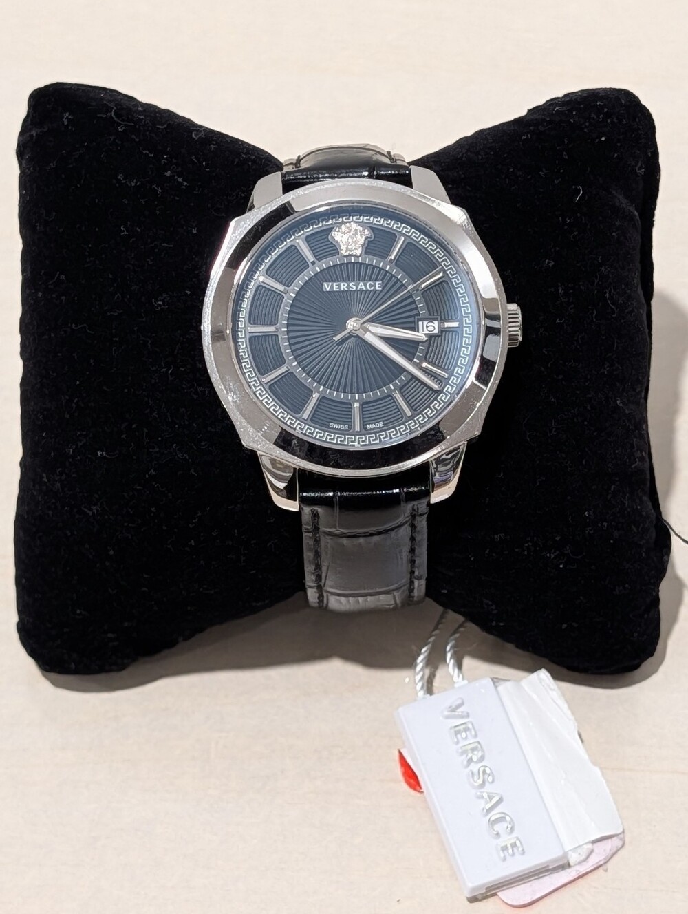 $1195 Mens VERSACE Icon Classic Leather Strap Watch Black/Stainless Steel 42mm